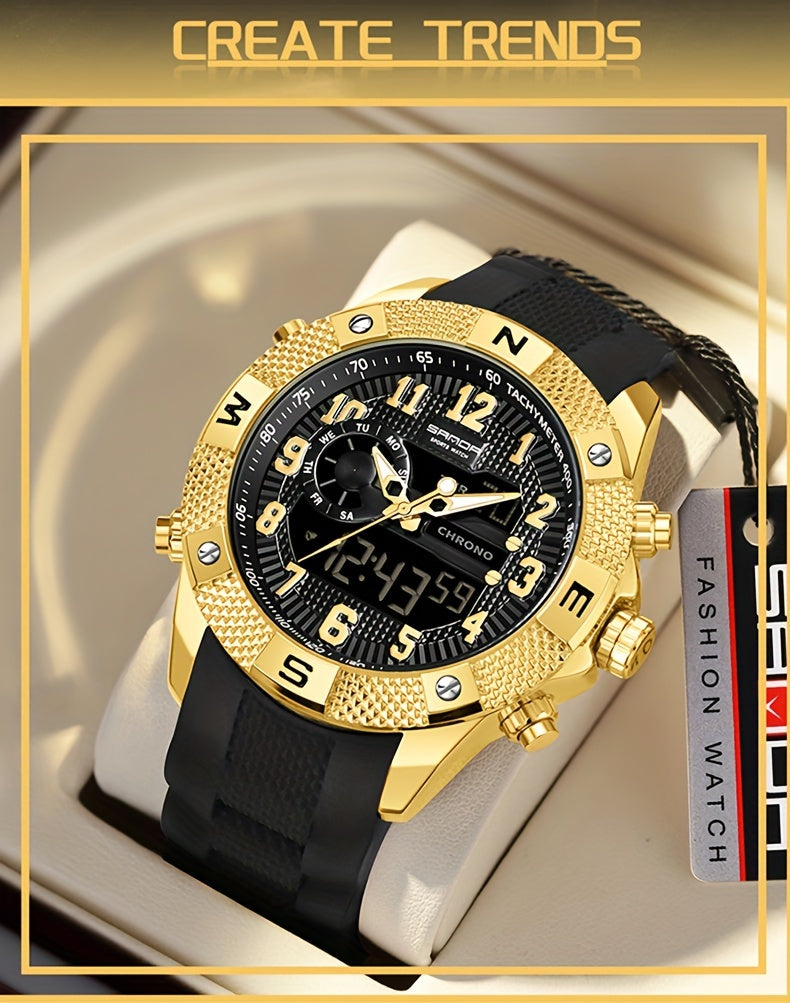 SANDA Men's Sports Watch, Analog Digital LED Electronic Quartz Men's Watch, Waterproof Alarm Stopwatch Countdown Week Multi-function Wristwatch Men's Birthday Holiday Gift 3308