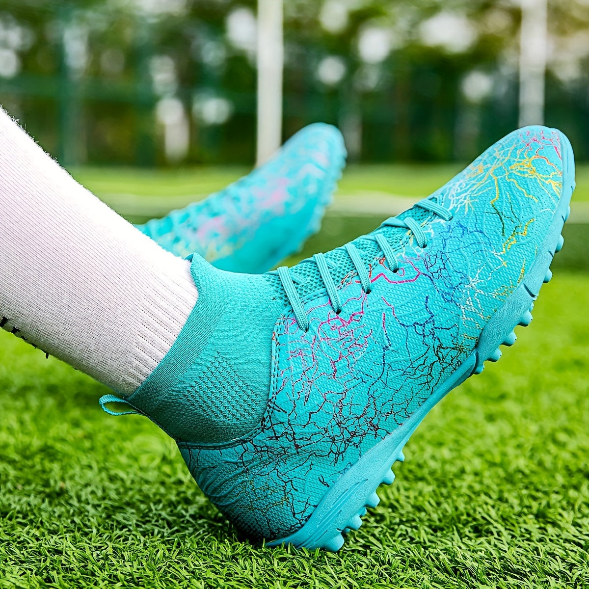 Men's Trendy Color Intrigue Striped TF Football Shoes With Collar, Professional Non Slip Durable Soccer Shoes For Outdoor Training Competition, All Seasons