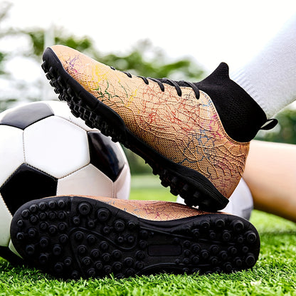 Men's Trendy Color Intrigue Striped TF Football Shoes With Collar, Professional Non Slip Durable Soccer Shoes For Outdoor Training Competition, All Seasons