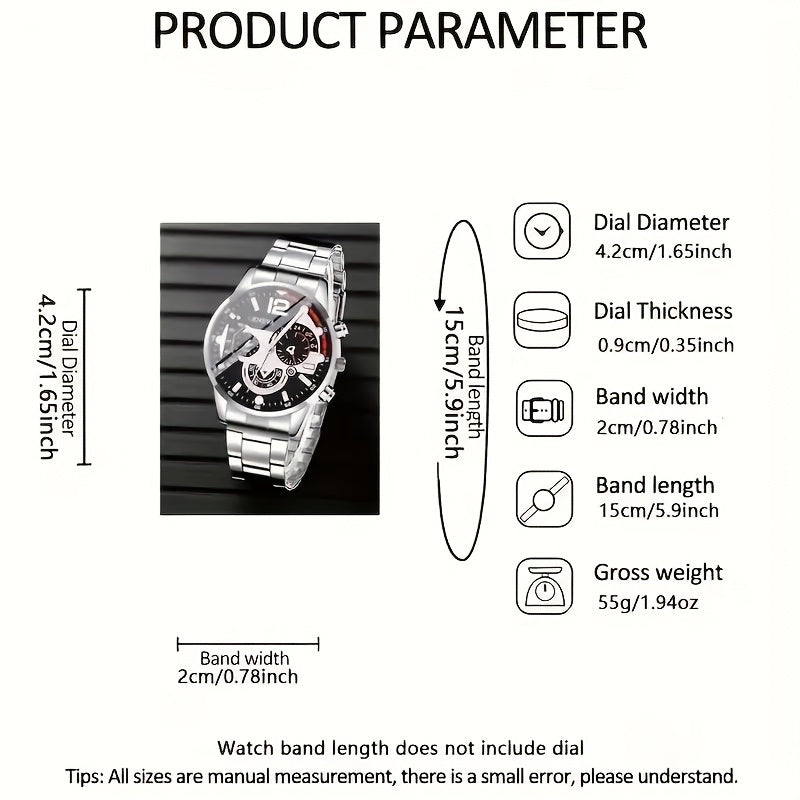 4pcs Men'S Fashion Watch Set, Quartz Movement, Round Zinc Alloy Case, Faux Leather & Stainless Steel Bands, Battery Powered, with Multiple Time Zones & Date Feature, for Valentine's, Easter, Ramadan, Birthdays, Christmas, Eid