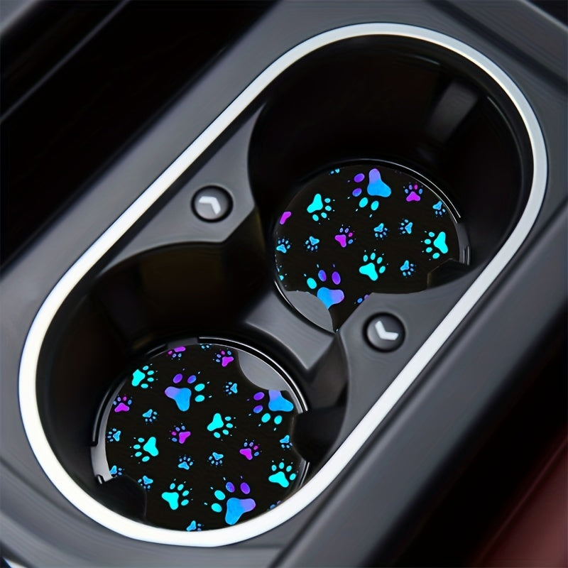 2-Pack Blue Dog Paw Car Cup Holder Coasters - Absorbent Rubber Decal Decor Accessories For Women & Men