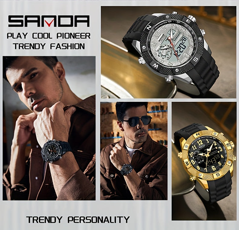 SANDA Men's Sports Watch, Analog Digital LED Electronic Quartz Men's Watch, Waterproof Alarm Stopwatch Countdown Week Multi-function Wristwatch Men's Birthday Holiday Gift 3308