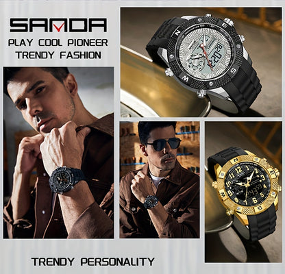 SANDA Men's Sports Watch, Analog Digital LED Electronic Quartz Men's Watch, Waterproof Alarm Stopwatch Countdown Week Multi-function Wristwatch Men's Birthday Holiday Gift 3308