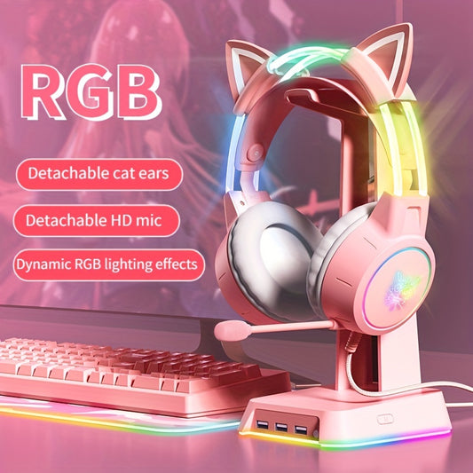 Gaming Headset RGB Lighting Head Beam Wired Headset Detachable Cat Ears Gaming Headset Flexible Mic Button Control Suitable Computer Earphones for PC Gamer