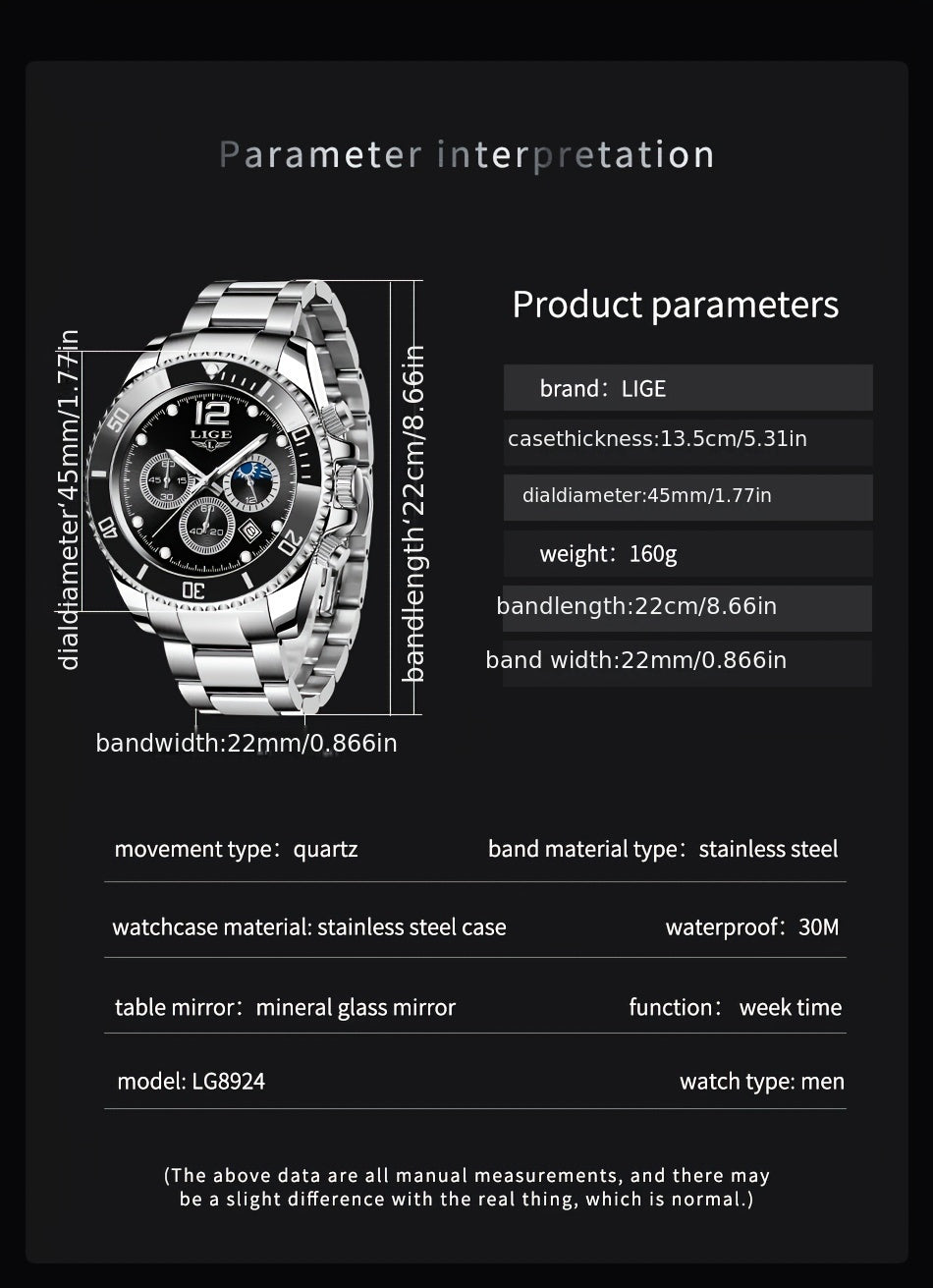 LIGE Watches men&women's Top Brand Luxury Clock Casual Stainless Steel men&women's Watch Sports Quartz Chronograph, Suitable for Women&women
