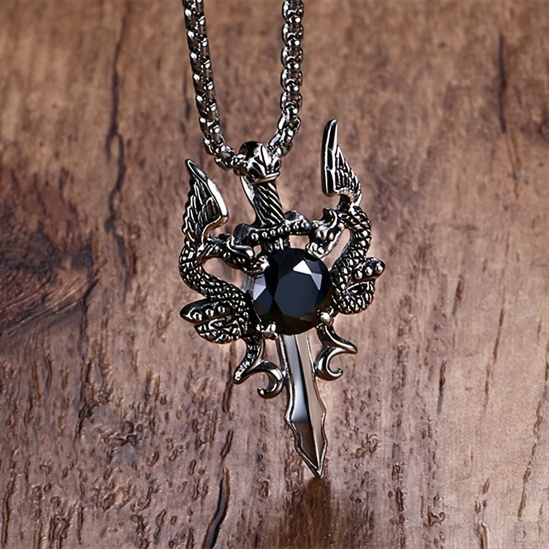 Gothic Knight Double Dragon Cross Sword Pendant Necklace - Vintage Punk Rock Style, Alloy with Black & Red Synthetic Gemstonestone Accents, Ideal for Couples, Parties & Gifts, Festive Jewelry|Punk Rock Jewelry|Intricate Craft