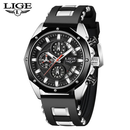 LIGE Mens Watches With Silicone Strap Sport Chronograph Quartz Watch