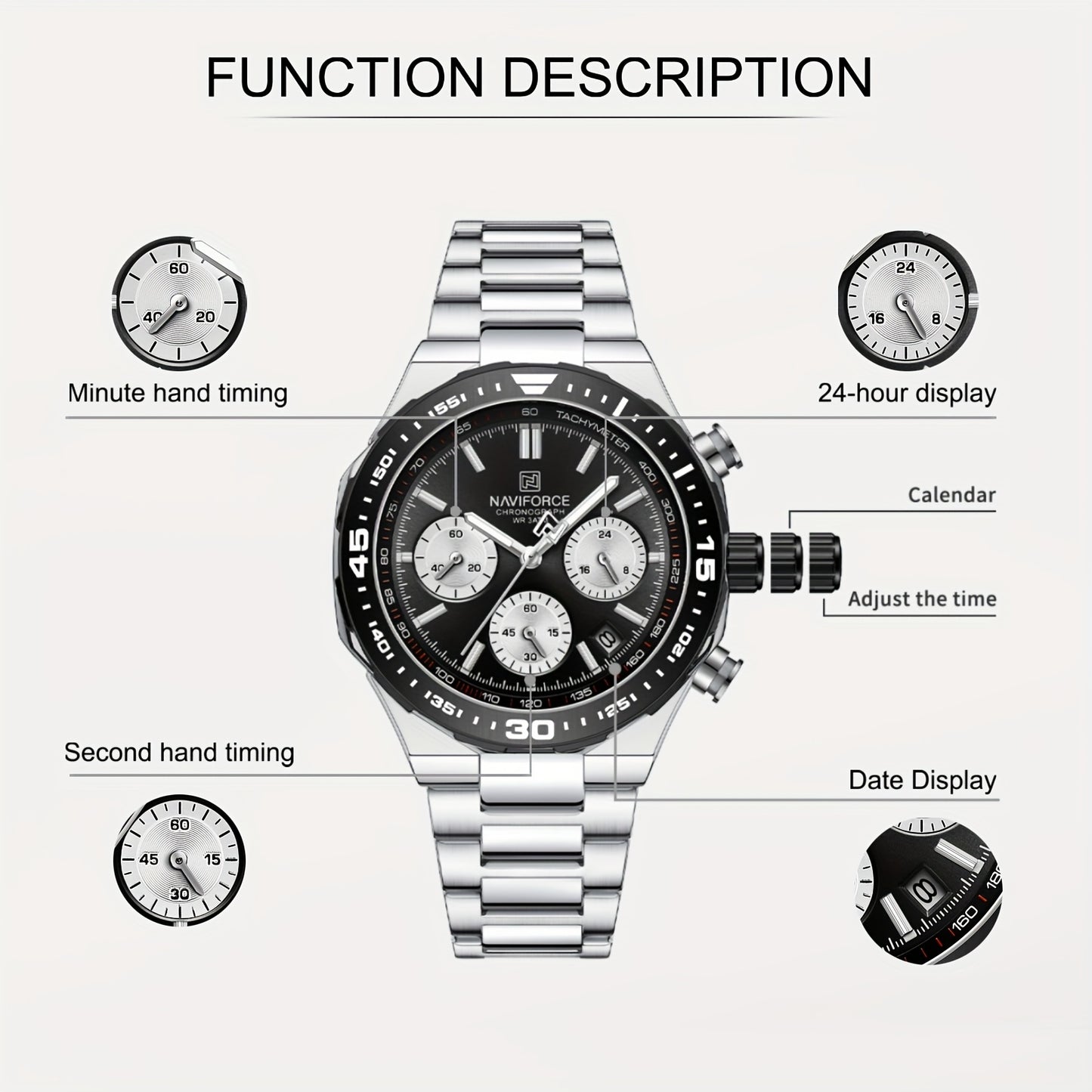 NAVIFORCE Men'S Luxury Business Watch, Multi-function Chronograph Waterproof Men Watches, 24/12 Hour date Display Man Wristwatch, Men Gift
