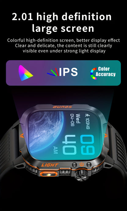 Outdoor smart watch, wireless calling, sports watch, compass, altimeter, barometer, LED flashlight, IP68, pedometer, fitness tracker, multimedia information viewing, weather 100+ sports modes, suitable for Android iPhone, Men