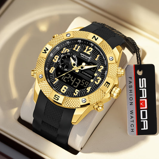 SANDA Men's Sports Watch, Analog Digital LED Electronic Quartz Men's Watch, Waterproof Alarm Stopwatch Countdown Week Multi-function Wristwatch Men's Birthday Holiday Gift 3308