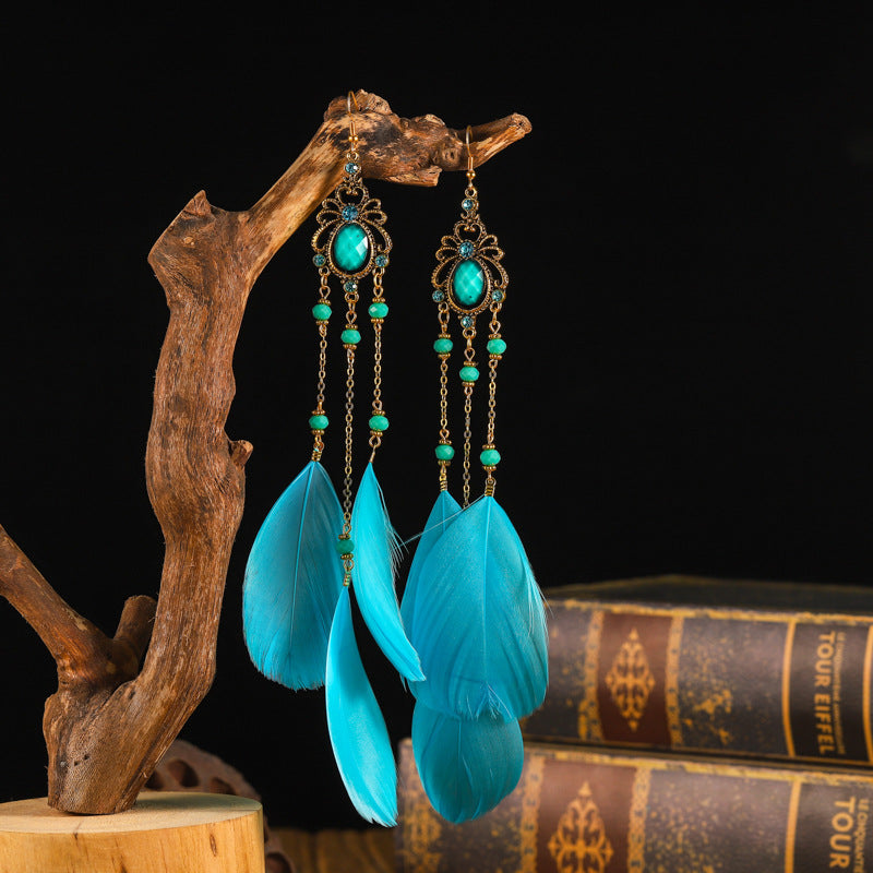 Boho Glam Feather & Crystal Earrings - Mardi Gras Vintage Jewelry for Year-Round Festivities