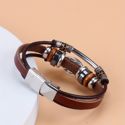 Eye Beaded Bracelet With PU Leather Chain Punk Style Hand Jewelry