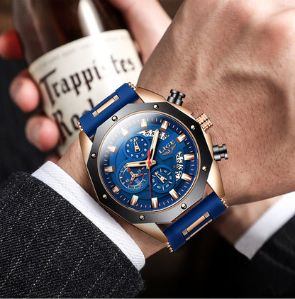 LIGE Mens Watches With Silicone Strap Sport Chronograph Quartz Watch