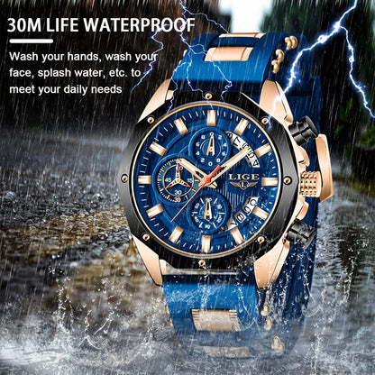 LIGE Mens Watches With Silicone Strap Sport Chronograph Quartz Watch