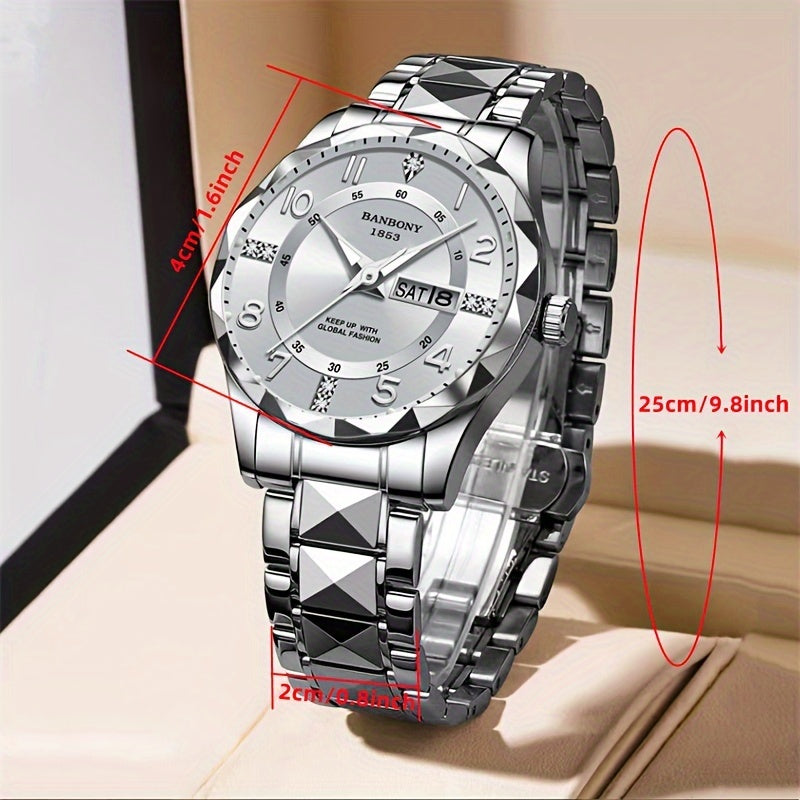 Banbony Men's Casual Stainless Steel Quartz Watch with Rhinestone Accents, Round Dial, Glow in Dark, Water-Resistant IPX7, Date Calendar Feature, Electronic Movement, Alloy Strap - Multifunctional Fashion Watch for Daily, Tra
