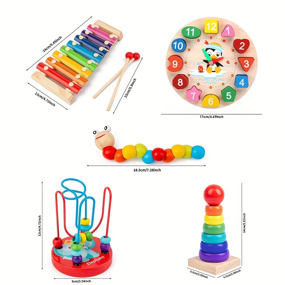 5-in-1 Montessori Nursery Wooden Eight Piano Set Gifts, Enlightenment Clock Toys, Caterpillar Shaped, Multifunctional Teaching Toys, Building Blocks Focus Exercise Toys