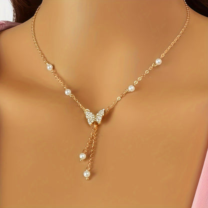 Elegant Butterfly Pendant Necklace With Faux Pearls, Chic Fashion Jewelry, Vacation-Style Ladies' Accessory, Perfect Gift Idea