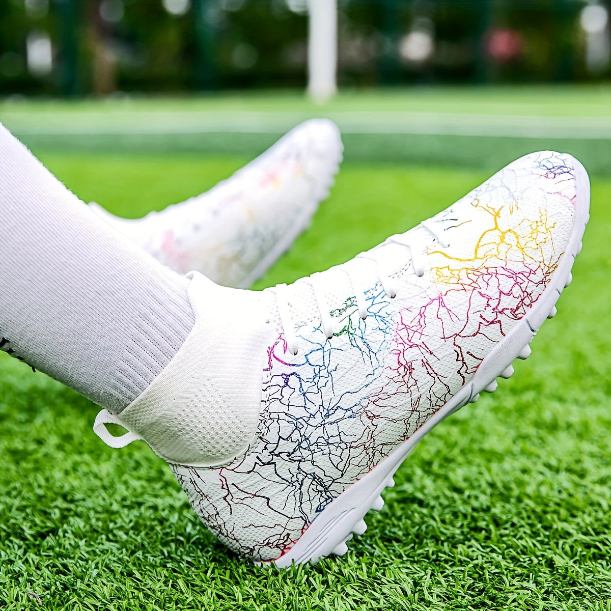 Men's Trendy Color Intrigue Striped TF Football Shoes With Collar, Professional Non Slip Durable Soccer Shoes For Outdoor Training Competition, All Seasons