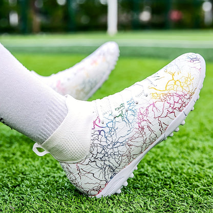 Men's Trendy Color Intrigue Striped TF Football Shoes With Collar, Professional Non Slip Durable Soccer Shoes For Outdoor Training Competition, All Seasons