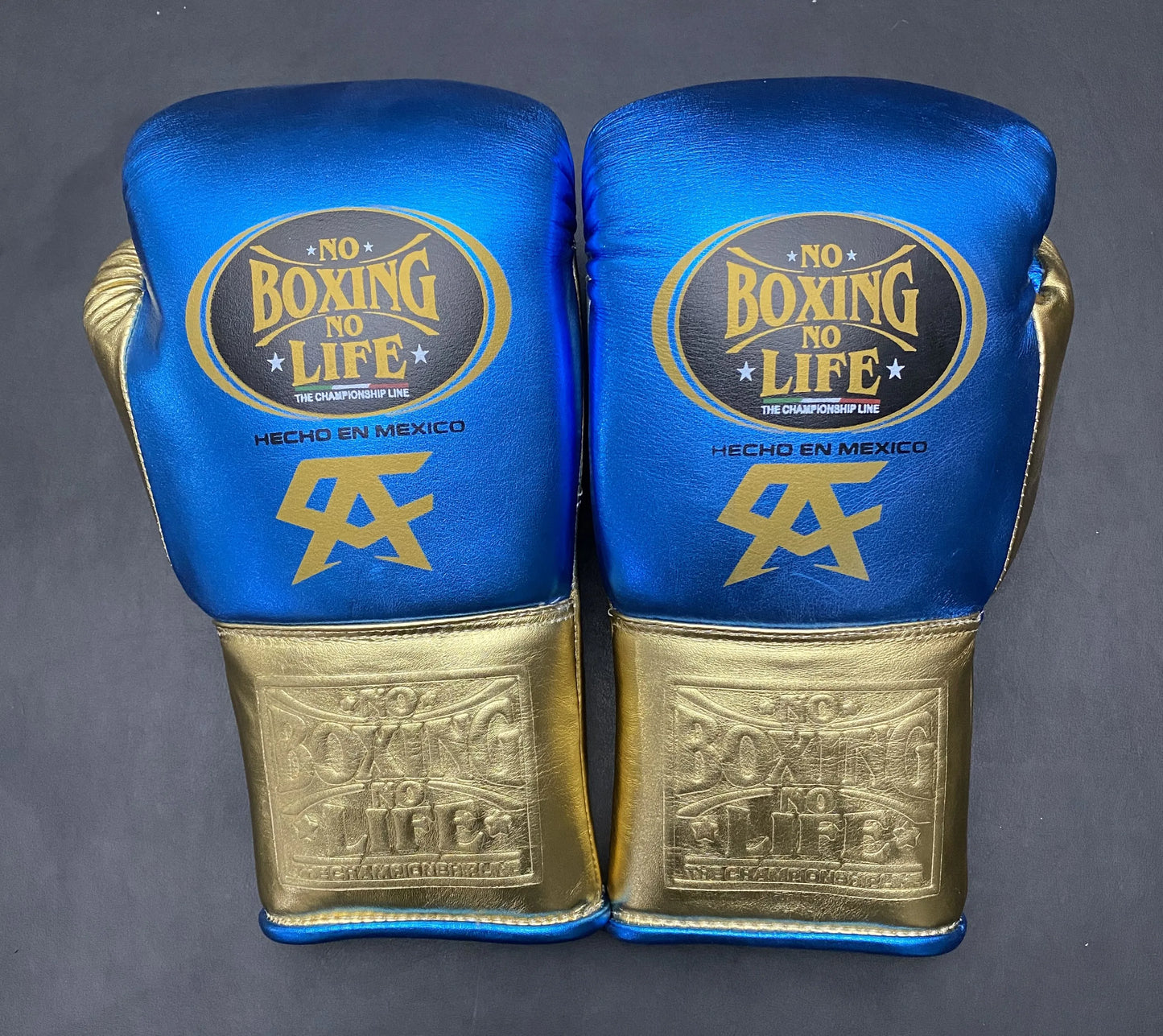 No Boxing No Life Laced Boxing Gloves for Training and fighting , Blue / Gold Fighting Gloves, cowhide leather boxing gloves
