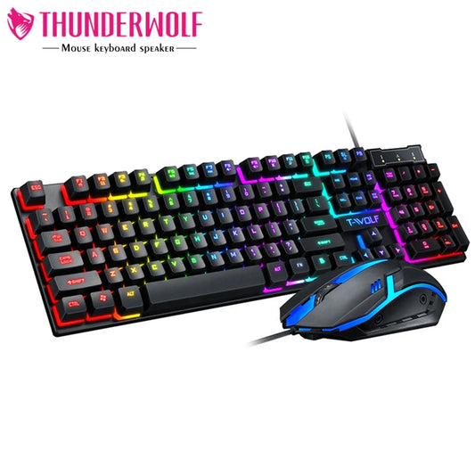 T-WOLF TF200 Arabic Spanish Gaming Wired Keyboard and Mouse Combo Computer 104key rainbow Backlight Keyboard Set for PC Desktop
