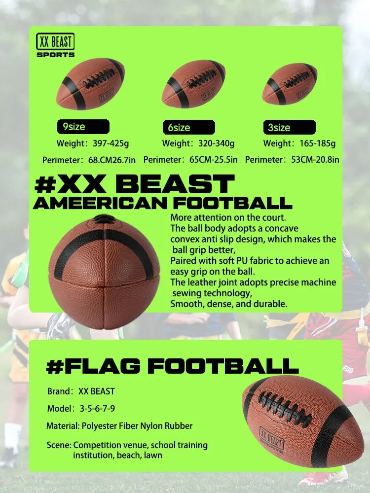 Xxbeast Foldable Portable Classic American Footballs Genuine No. 3 Butyl Bladder Wear-Resistant PU Flag Logo Style Non-Slip