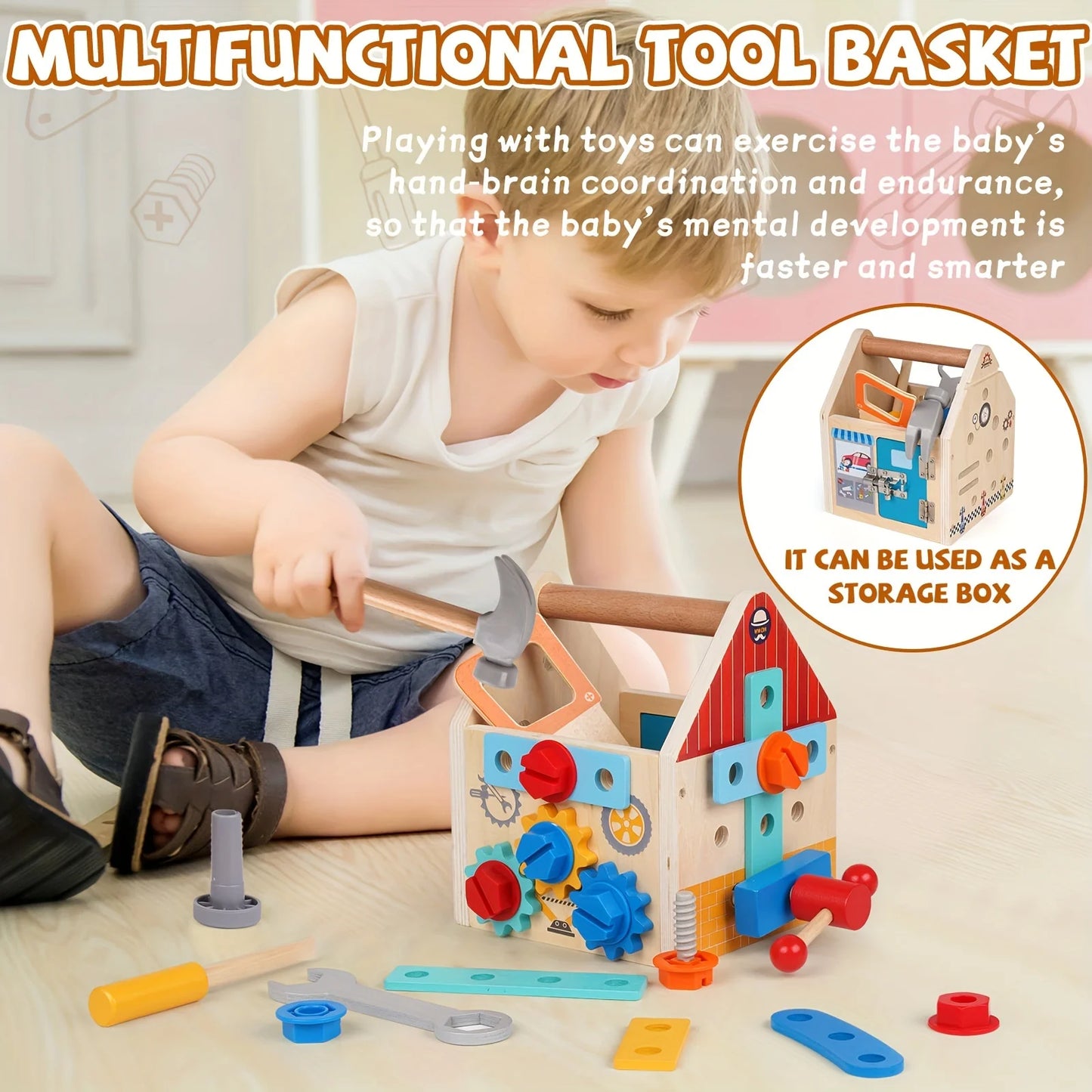 JXD Wooden Kids Tool Set Toddler Tool Box with Door Lock Lock Wooden Tool Kit Construction Toy Stem Educational Cosplay Toy