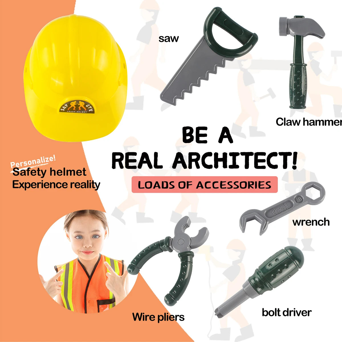 Construction Worker Costume Kids Role Play Dress up Set for 3 4 5 6 7 Years Toddlers Girls Boys Toys