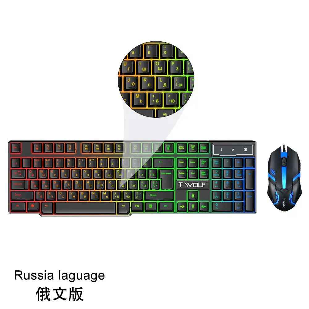 T-WOLF TF200 Arabic Spanish Gaming Wired Keyboard and Mouse Combo Computer 104key rainbow Backlight Keyboard Set for PC Desktop