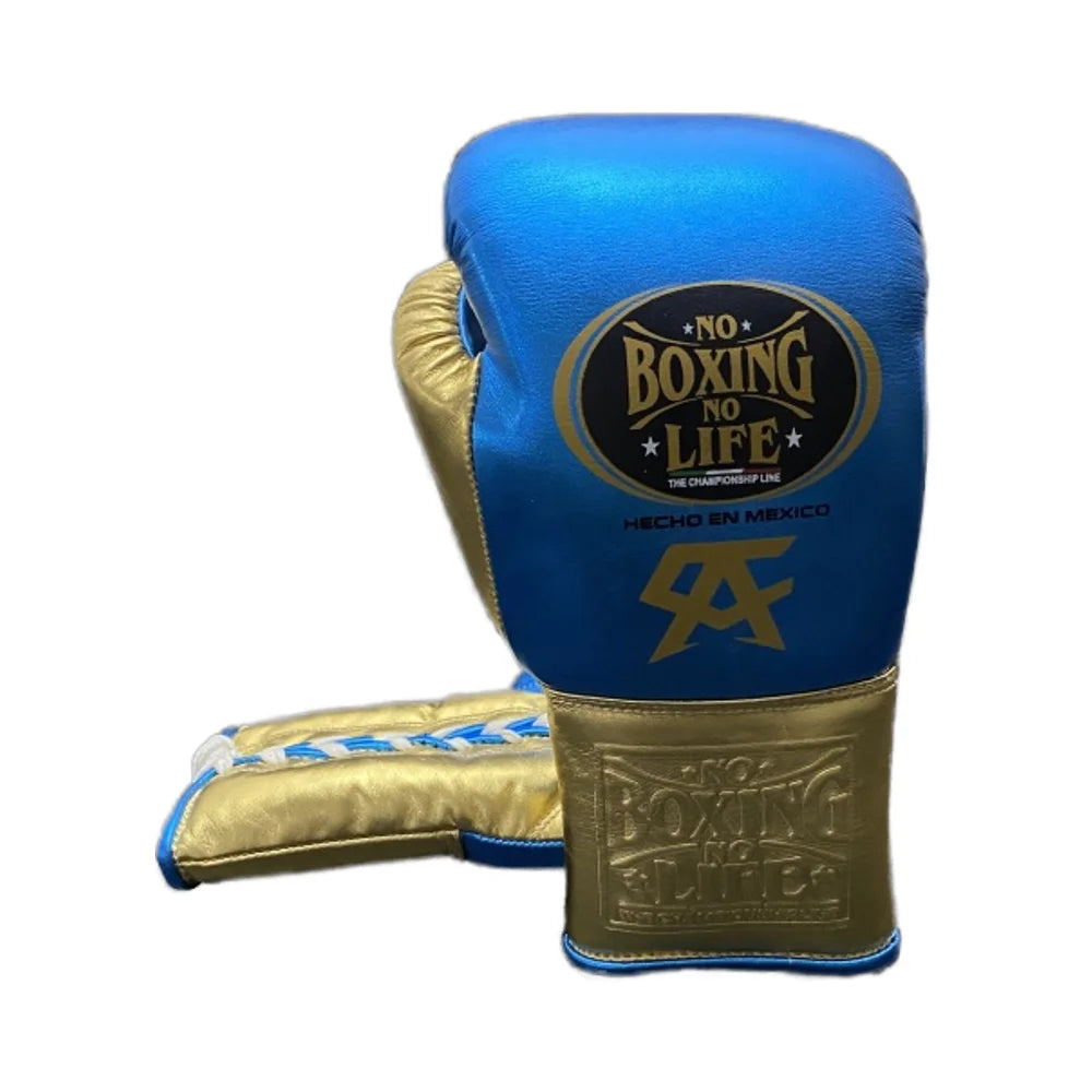 No Boxing No Life Laced Boxing Gloves for Training and fighting , Blue / Gold Fighting Gloves, cowhide leather boxing gloves