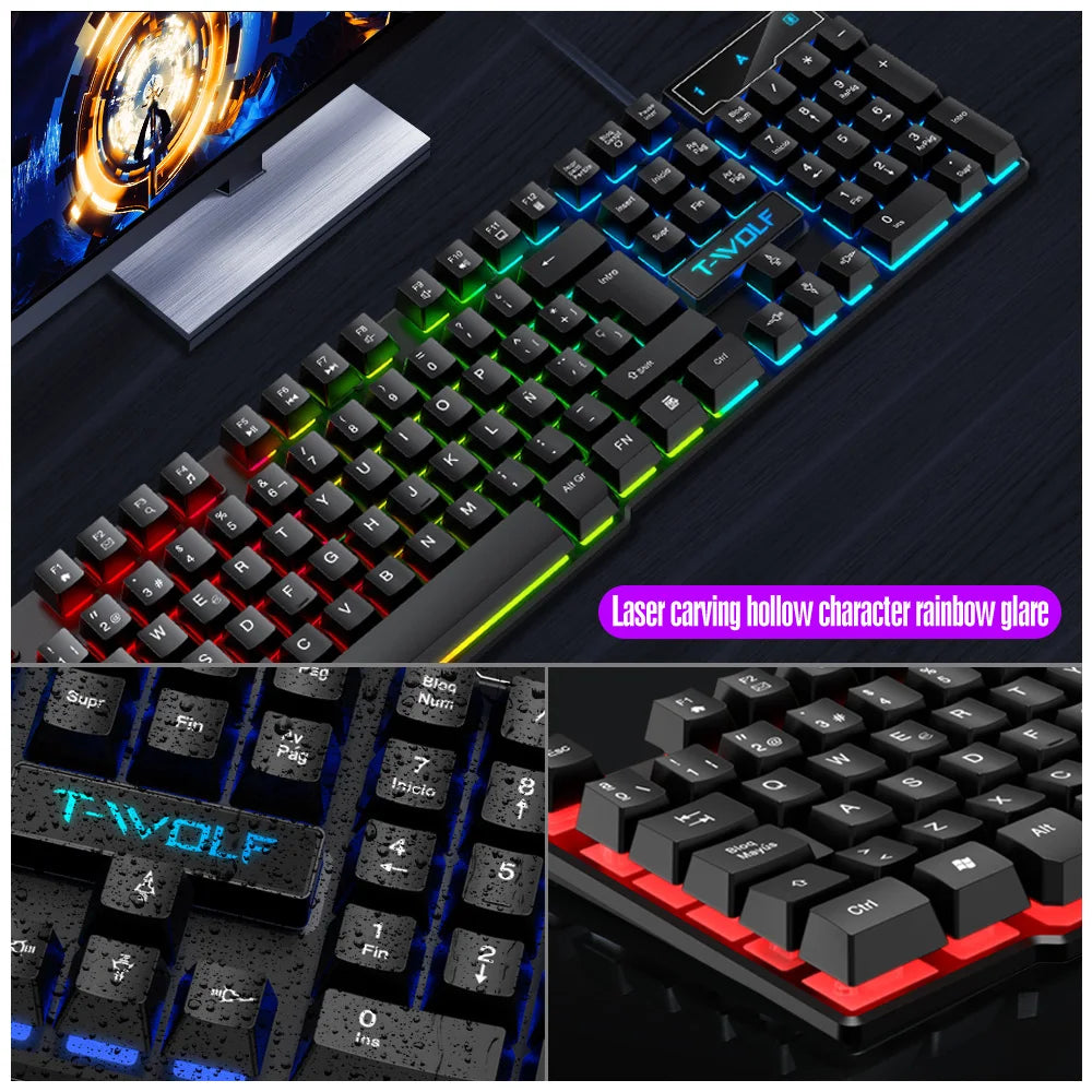 T-WOLF TF200 Arabic Spanish Gaming Wired Keyboard and Mouse Combo Computer 104key rainbow Backlight Keyboard Set for PC Desktop