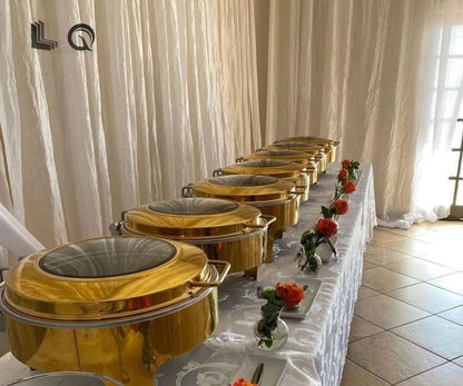 European 6L Kitchen Round Roll Top Gold Buffet Chafing Dish Hotel Chafer for Catering Stainless Steel Food Warmer