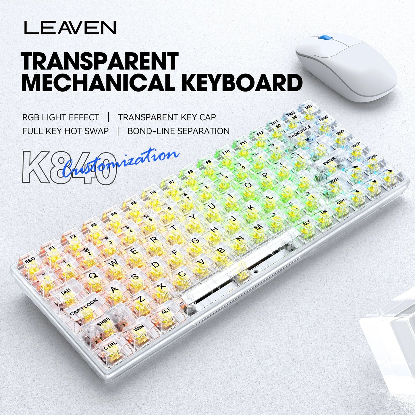 LEAVEN Wired RGB Full Key Conflict Free Black Transparent Mechanical Keyboard Hot Swappable Keycap Switch for Gaming