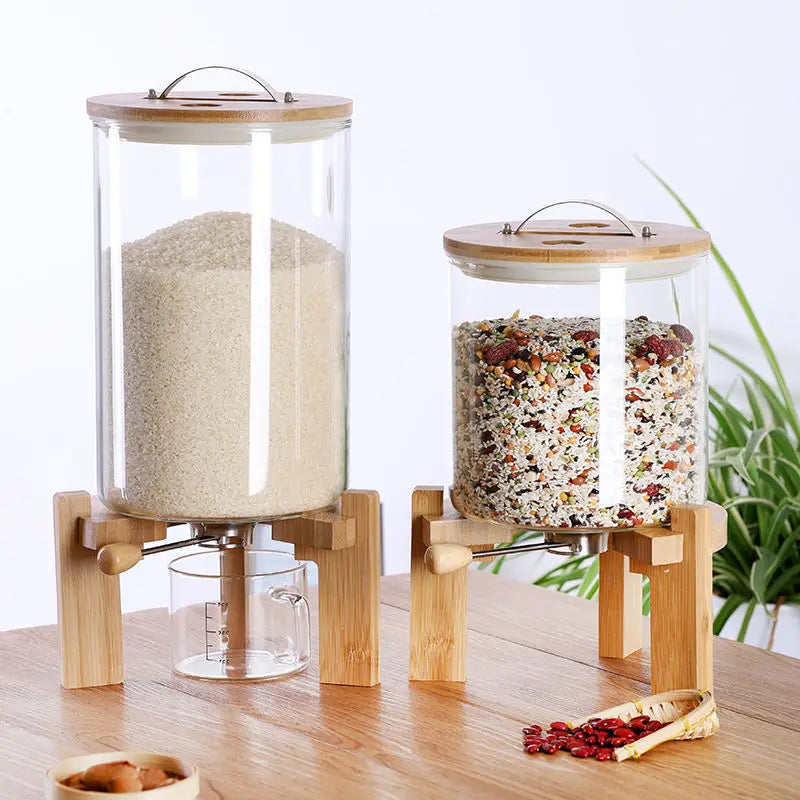 Wonder 5L 8L Airtight Automatic Glass Rice Dispenser Spout Measuring Cup with Wooden Lid Modern for Kitchen Pantry Food Storage