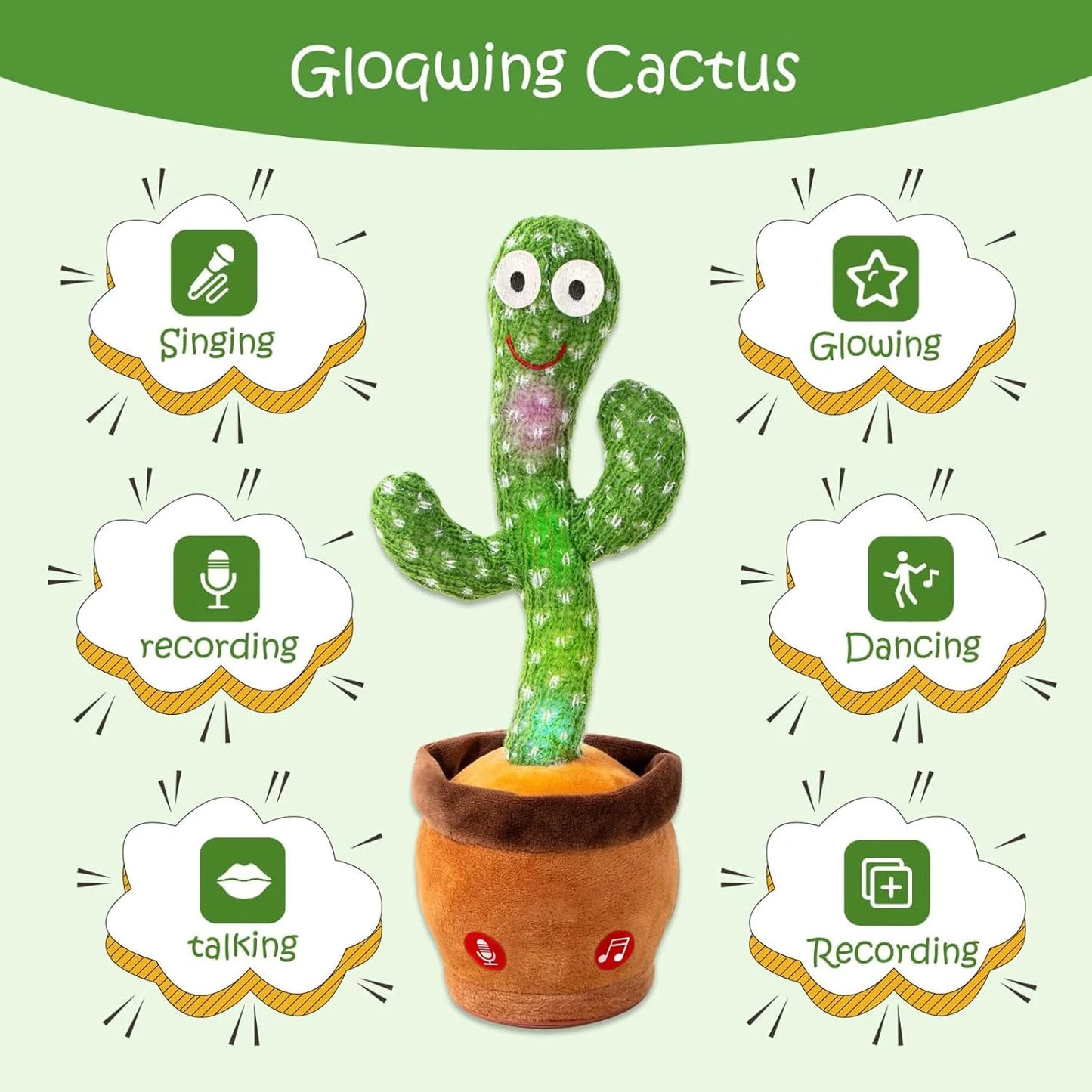 32cm Talking Cactus Plush Toy with LED Light, Voice Repeating Soft Stuffed Doll, PP Cotton Filled, Birthday Gift