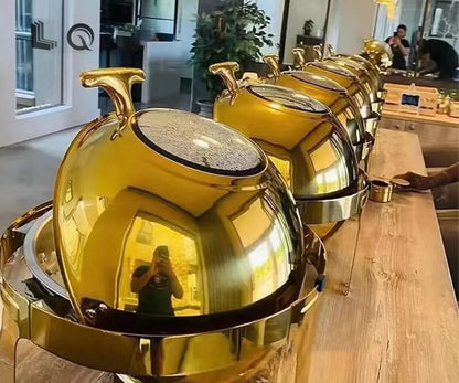 European 6L Kitchen Round Roll Top Gold Buffet Chafing Dish Hotel Chafer for Catering Stainless Steel Food Warmer
