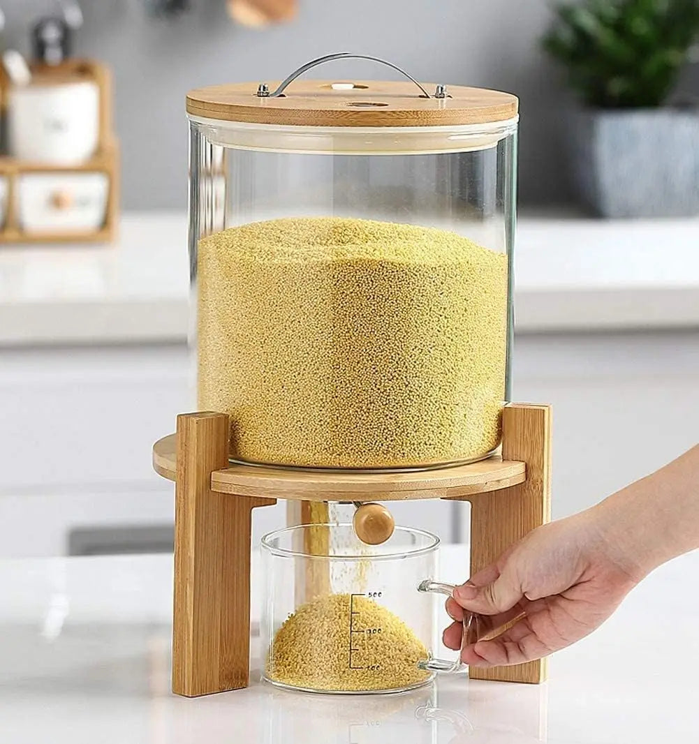 Wonder 5L 8L Airtight Automatic Glass Rice Dispenser Spout Measuring Cup with Wooden Lid Modern for Kitchen Pantry Food Storage