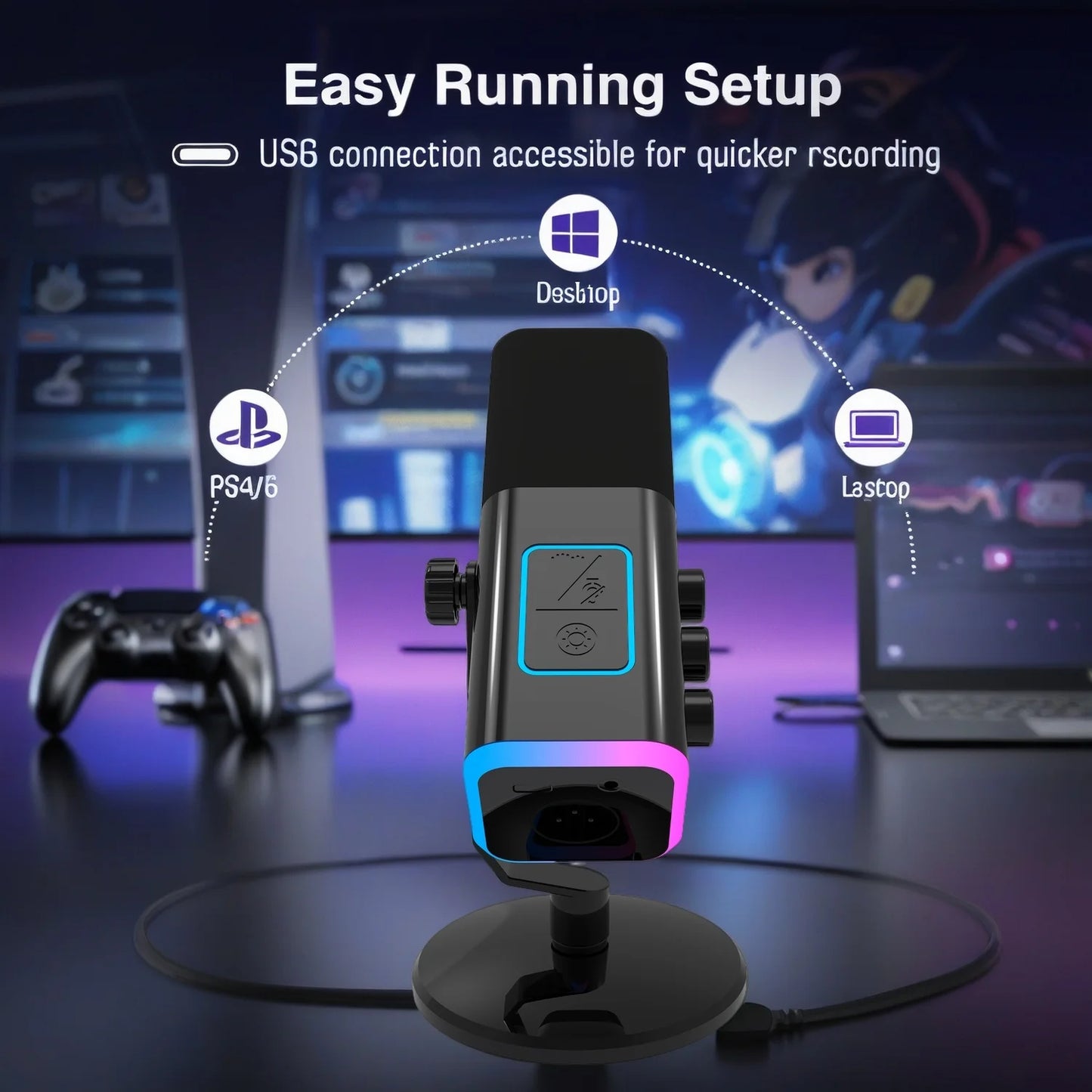 WM13 Dynamic Wired Desktop Microphone USB/XLR RGB Multi-Colour Lights Noise Cancelling 192kHz/24bit for Podcast Recording Gaming