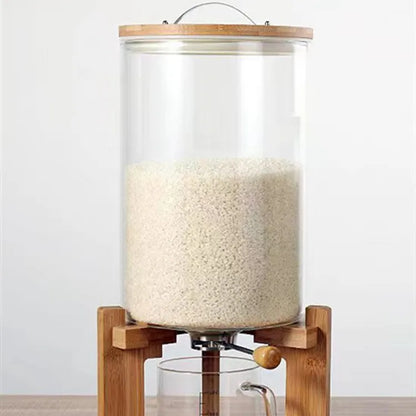 Kitchen Organization 5L/8 Glass Container Rice Dispenser with Stainless Steel Tap Airtight Lid and Wooden Stand