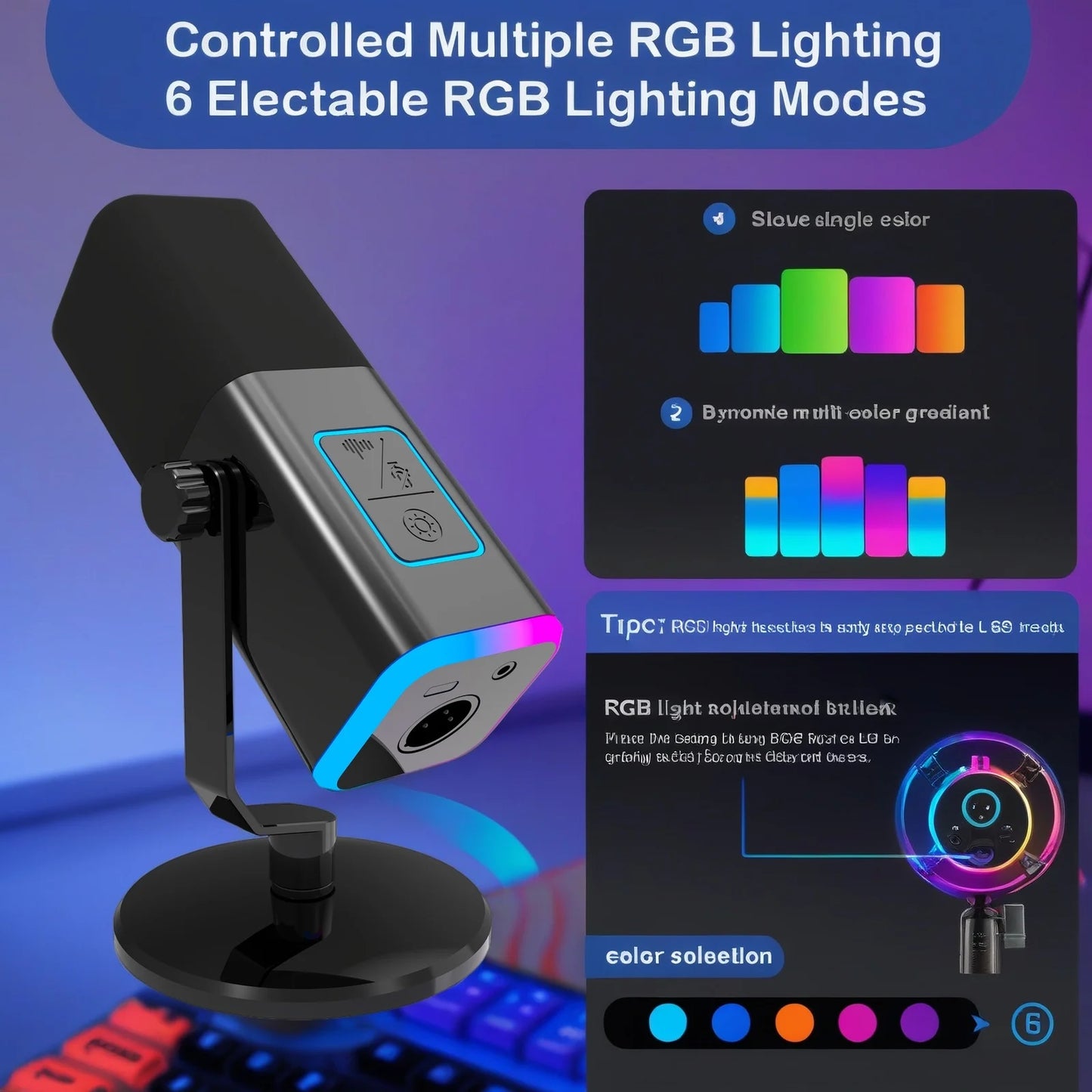 WM13 Dynamic Wired Desktop Microphone USB/XLR RGB Multi-Colour Lights Noise Cancelling 192kHz/24bit for Podcast Recording Gaming