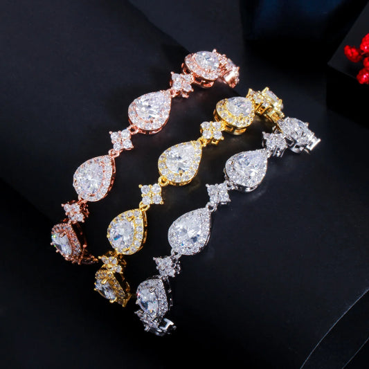 Classic Sparkly Pear Cut Cubic Zirconia CZ Copper Drop Shape Tennis Bracelets for Women Wedding Christmas or Daily Wear Jewelry
