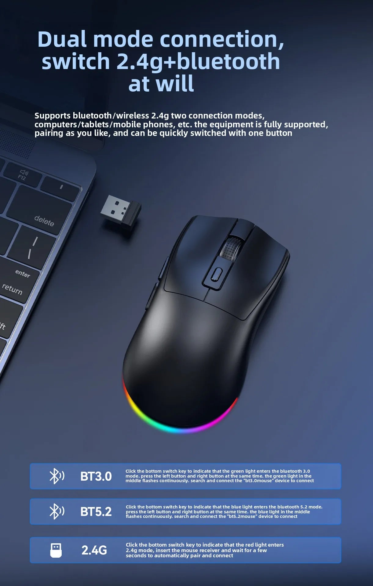 Hot Sale Lightweight Cross-Border Crack Gaming Mouse 2.4G Dual-Mode Charging Light Base for Office & Gaming