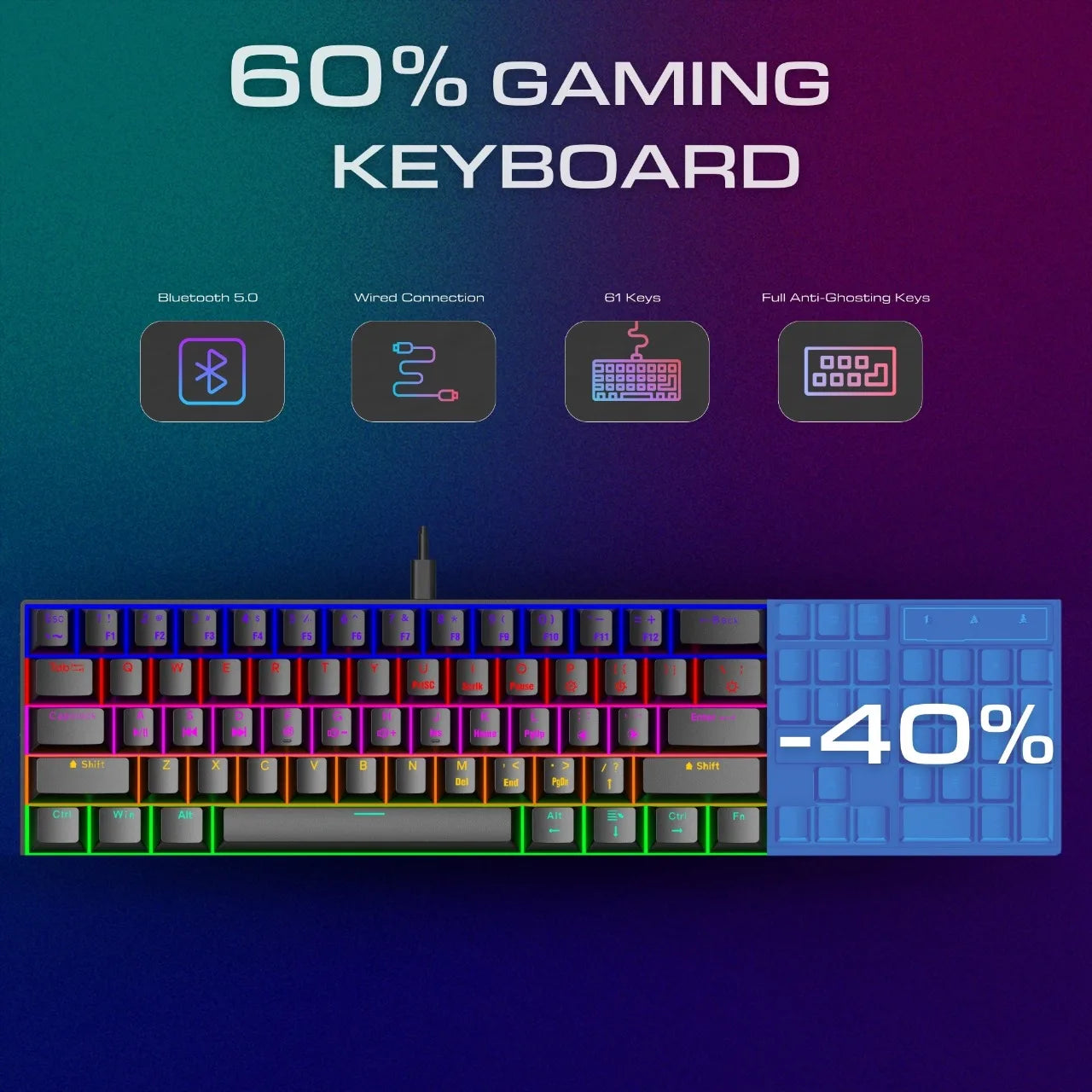 TMICE 61 Keys 60 Percent Wired Mechanical Keyboard 60% RGB Gaming Keyboard for Computer PC Keyboard with Backlit