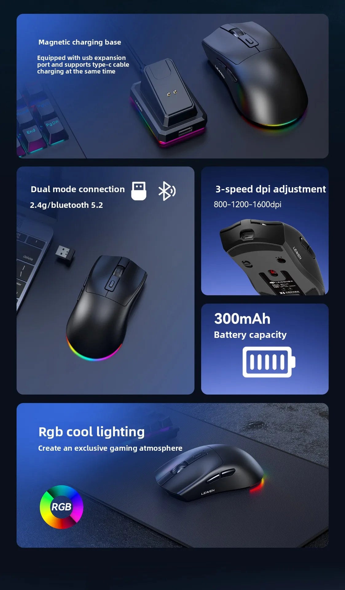 Hot Sale Lightweight Cross-Border Crack Gaming Mouse 2.4G Dual-Mode Charging Light Base for Office & Gaming