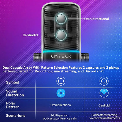 CMTECK XM600 Computer Omnidirectional Microphone Desktop RGB Condenser Microfono Microfone PC Gaming Mic for Podcasting Gaming