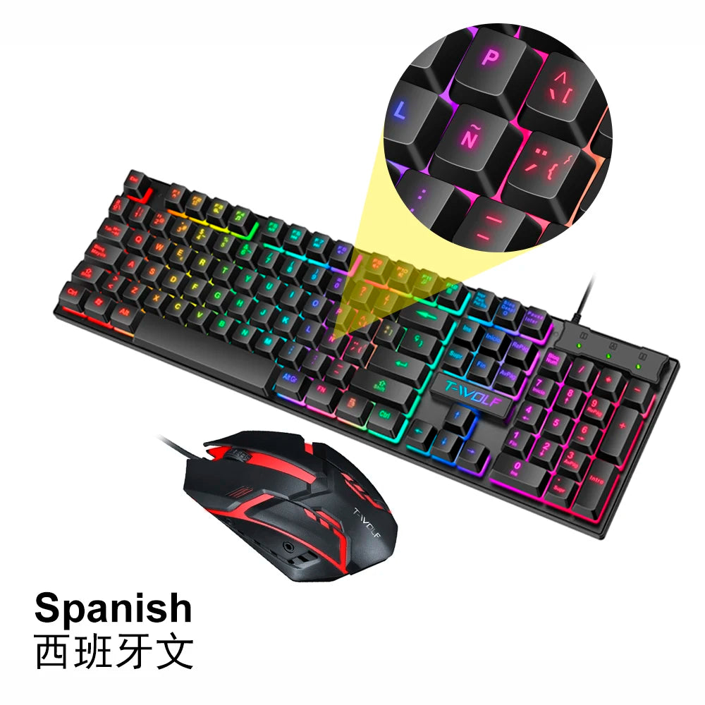 T-WOLF TF200 Arabic Spanish Gaming Wired Keyboard and Mouse Combo Computer 104key rainbow Backlight Keyboard Set for PC Desktop