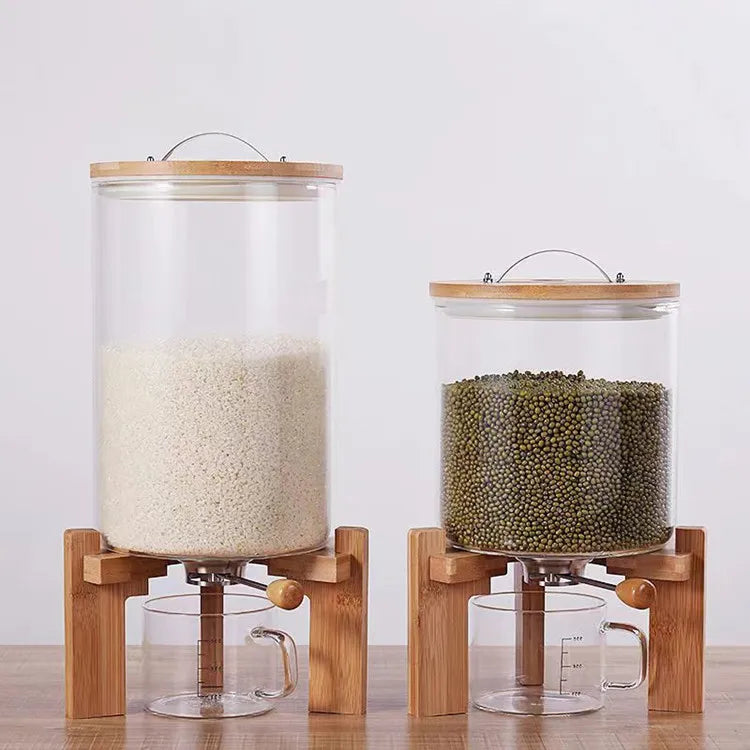 Kitchen Organization 5L/8 Glass Container Rice Dispenser with Stainless Steel Tap Airtight Lid and Wooden Stand