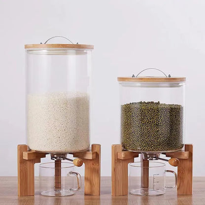 Kitchen Organization 5L/8 Glass Container Rice Dispenser with Stainless Steel Tap Airtight Lid and Wooden Stand