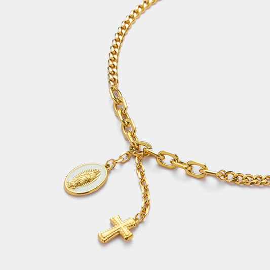 Religious Jewelry Waterproof Tarnish Free 18K Stainless Steel Virgin Mary Rosary Cross Tassels Necklace for Women YF5120