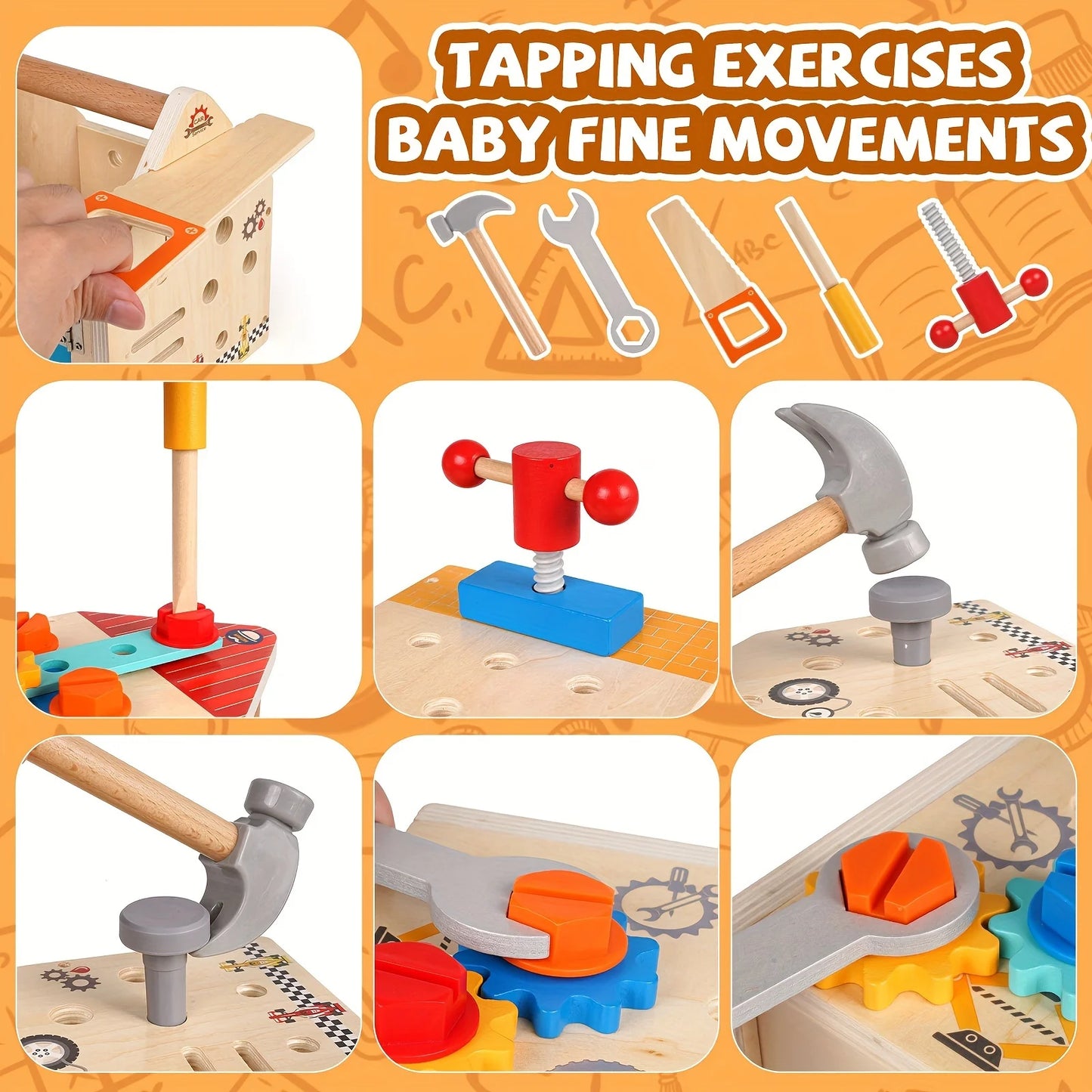 JXD Wooden Kids Tool Set Toddler Tool Box with Door Lock Lock Wooden Tool Kit Construction Toy Stem Educational Cosplay Toy